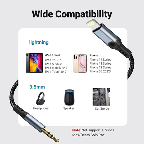 AUX Cord for iPhone (Apple MFi Certified) 3.3 FT, Lightning to 3.5mm Audio Aux Cable Fit with iPhone 14 Pro/13 Pro Max/12 Mini/12 Pro Max/11 Pro M...