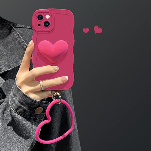 Hot Pink Heart Phone Case Compatible with iPhone 11, Cute 3D Big Love Heart Phone Case, Curly Wave Shape Heart Phone Cover with Heart Bracelet for...