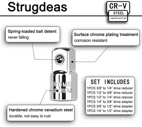 6 Piece Socket Adapter and Reducer Set, 1/4", 3/8", 1/2" Chrome Vanadium Steel Ratchet/Socket Extension/Conversion Kit for Automotive Maintenance...