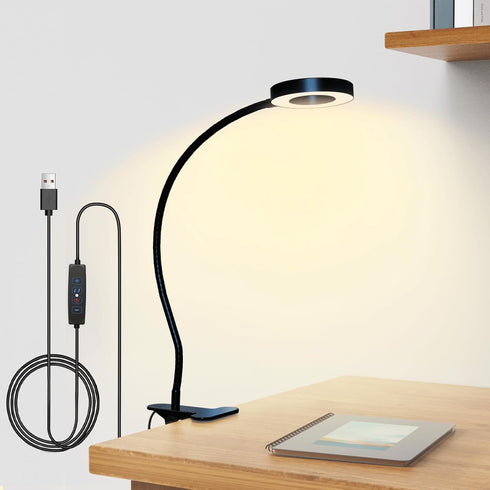 Clip on Desk Lamp with Clamp for Reading Home Office, 360° Ajustable Clip Light for Bed Headboard, Bedside or Desk with 10 Dimmable Brightness 3 E...