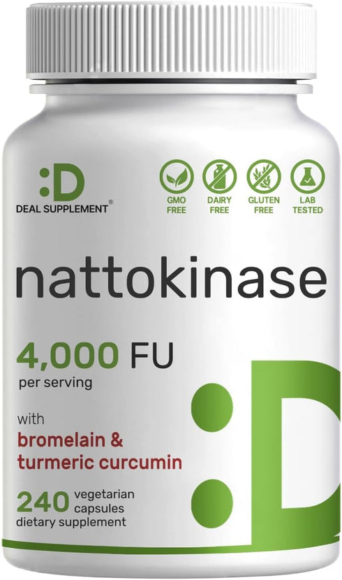 Nattokinase 4,000 FU Per Serving, 240 Veggie Capsules – Bromelain, Turmeric Curcumin, with Black Pepper Complex – Heart Health & Digestive Enzymes...