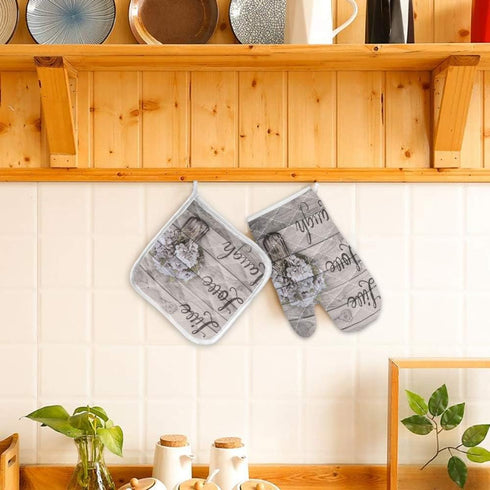 Set of Oven Mitt and Pot Holder,Oven Gloves Heat Resistance Non-Slip Surface for Kitchen BBQ Cooking Baking Grilling, Live Love Laugh Vintage Hydr...