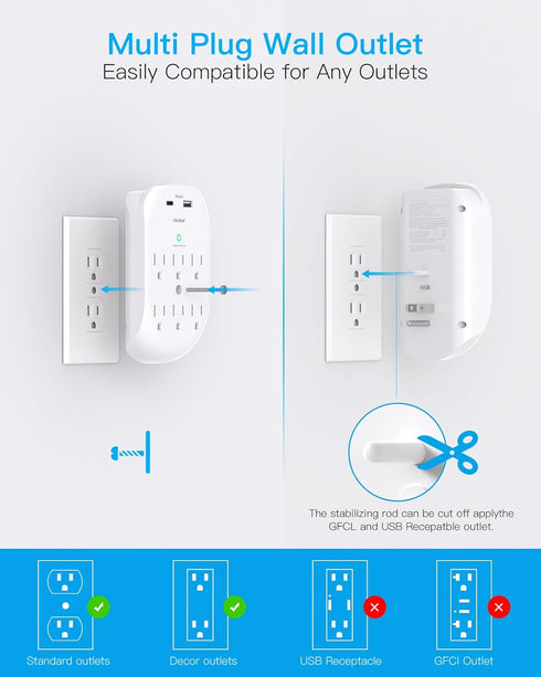 2 Pack Surge Protector Outlet, Multi Plug Outlet Adapter with 6 Wall Outlets 2 USB Wall Charger (1 USB C Port), Wall Outlet Extender, Multiple Out...