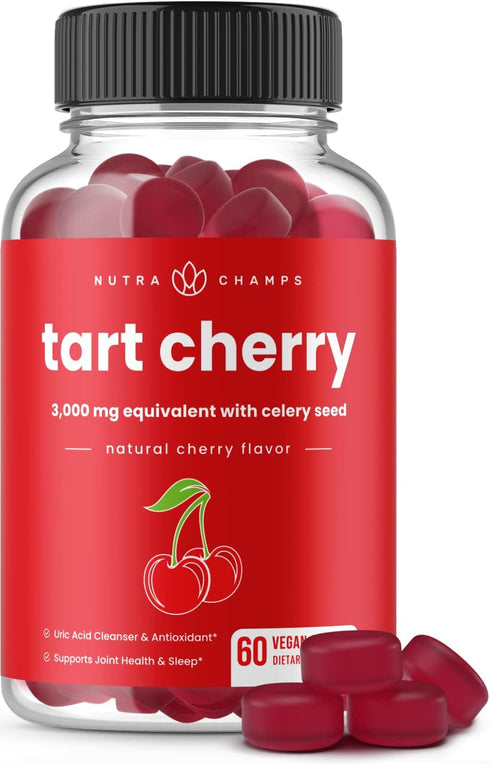 NutraChamps Tart Cherry Gummies - 3000mg Tart Cherry Extract with Celery Seed - Uric Acid Cleanse Supplement - Antioxidant, Joint Comfort, Flexibi...