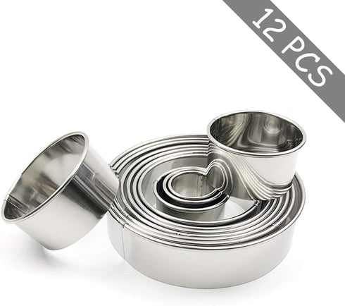 Stainless Steel Round Cookie Cutter Set, 12 Circular Biscuit Cutters Round Donut Ring Molds for Baking 1.2 Inch Height...