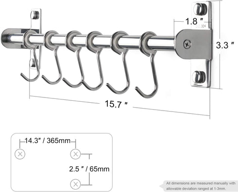 Sliding Hooks, Wall Mounted Rail, Stainless Steel Utensil Holder and Pot Lid Rack for Kitchen Tools, Towel, Pot Pan, Loofah, Spoon - Polished Fini...