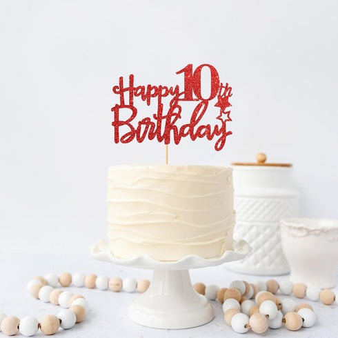 Red Glitter Happy 10th Birthday Cake Topper - Ten Sign Cake Topper - Cheers to 10 Years Party Supplies - 10th Birthday Party Decorations...