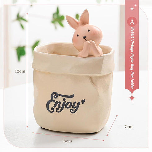 Cute Pen Holder for Desk,Creative Cute Pet Pencil Holder,resin material, Nordic Retro Style Pen Organizer for Desk, Makeup Brush Organizer (Rabbit...
