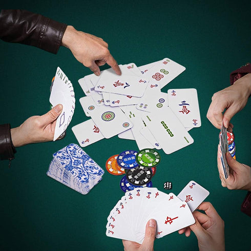 drizzle Poker Mahjong Playing Cards Table Game Chinese Blue and white porcelain Design 144 Card Chips Set PVC Plastic Waterproof Portable Leisure ...