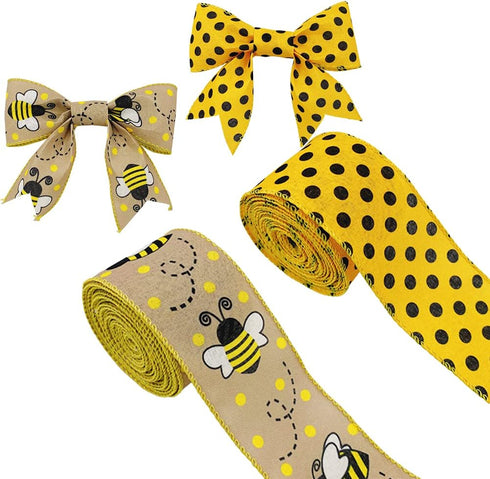12 Yards Bumble Bee Ribbons Bee Wired Edge Ribbon Honeybee Decorative Ribbons Yellow Craft Ribbons for Wrapping Floral Hanging Ornaments Home Deco...