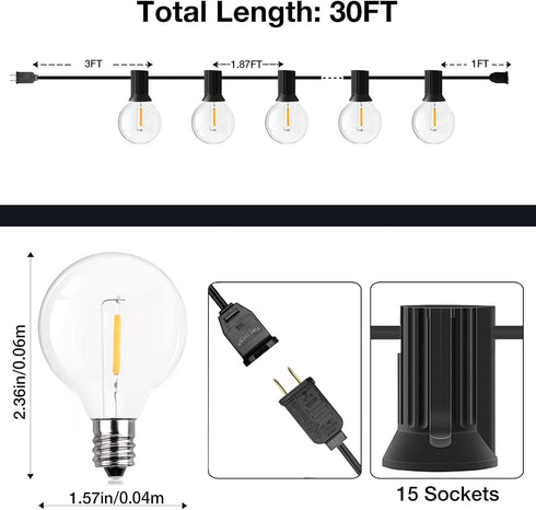 GPATIO Outdoor String Lights, 30FT Waterproof Patio Lights with 15+1 Dimmable Hanging Lights Globe G40 Bulbs, 2700k Shatterproof Connectable for B...