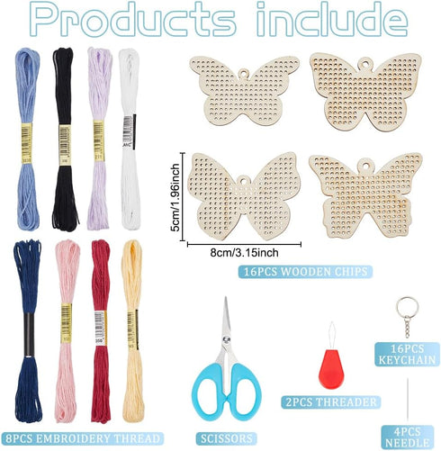 FREEBLOSS 16 Set Wooden Cross Stitch Kits DIY Keychain Wooden Embroidery Set Butterfly Wooden Threading Kit with Instruction Sewing Kits for Ages ...