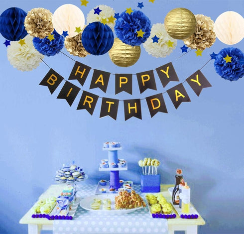 InBy 17pcs Navy Blue and Gold Party Decoration Kit for Baby Boy Shower Men Women Birthday Decoration Happy Birthday Banner 12" 10" 8" Tissue Paper...