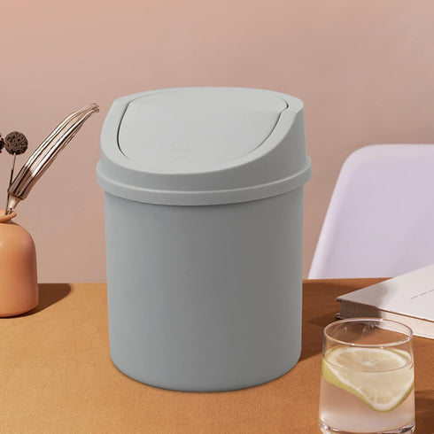 0.5 Gallon Plastic Mini Trash Can, Tiny Garbage Can with Swing Lid, Gray...