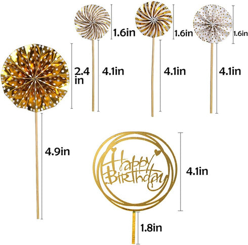 DIYASY Gold Happy Birthday Cake Topper Kit, Confetti Balloon Paper Fans Acrylic Cake Toppers for Birthday Cake Decoration 6 Pcs...