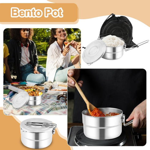 Stainless Steel Camping Cook Pot with Lid and Folding Handle Camping Cookware 1.5L Large Capacity Bento Pot for Camping, Hiking, Picnic...