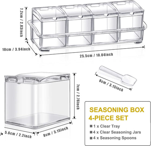 HANHAN Clear Seasoning Boxes 4 PCS, Messar Acrylic Spice Shakers Spice Jars Spice Pots Cruet Jars Condiment Bottles Kitchen Storage Containers wit...