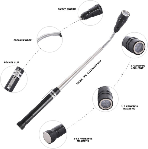 Magnetic Pick Up Kit 5pc, With 1lb And 10lb Pick Up Rod, Square 360 Swivel Adjustable Inspection Mirror And Flexible Led Flashlight, Magnetic And ...
