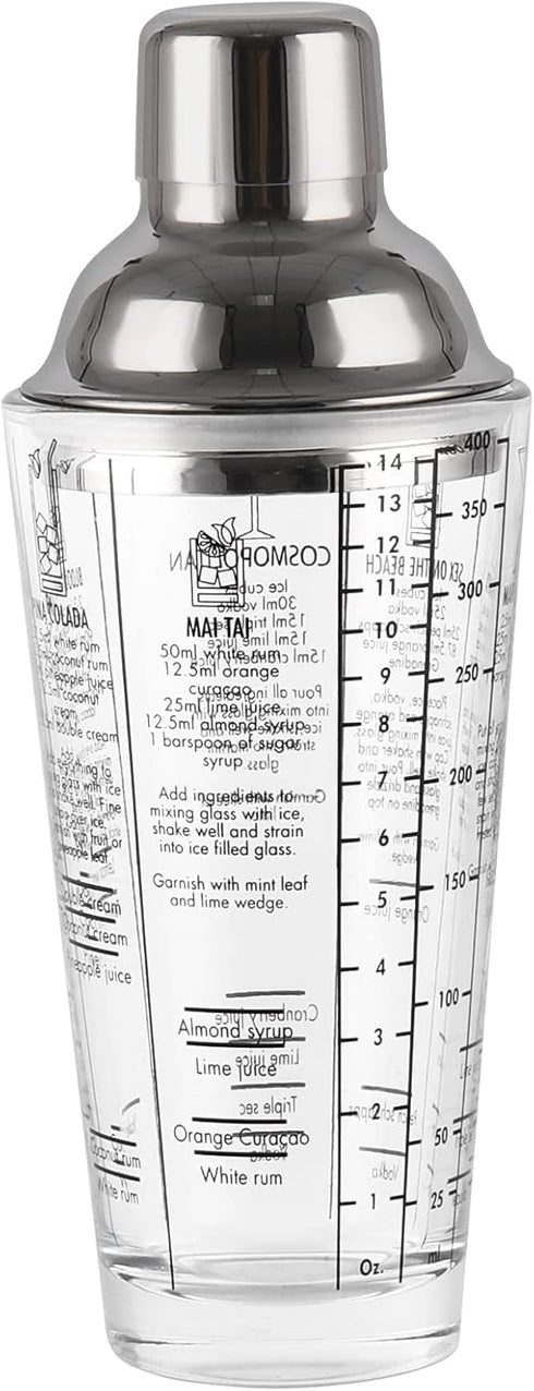 Cocktail Shaker Glass,Martini Shaker With Recipes on Side 13.5oz Mixed Drink Shaker with Glass Cup Professional Bar Tool with Scale Glass (Silver,...