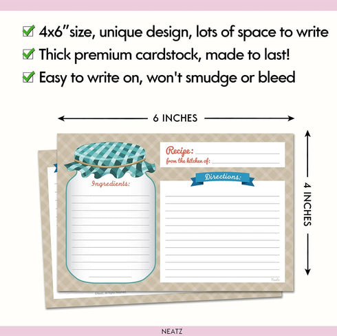 Neatz Mason Jar Recipe Cards - 50 Double Sided Cards, 4x6 inches. Thick Card Stock...