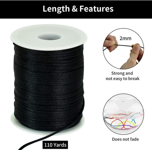 TONIFUL 2mm x 110 Yards Black Nylon Cord Satin String for Bracelet Jewelry Making Rattail Macrame Trim Cord Necklace Bulk Beading Thread Kumihimo ...