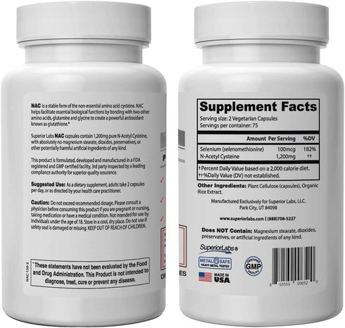 Superior Labs - NAC (N-Acetyl Cysteine) - Dietary Supplement with Selenium - 1,200mg, 150 vegetable capsules - Free Radical Protection - Normal Im...