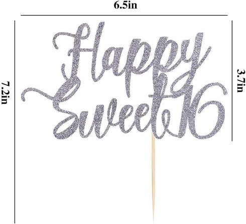 Happy Sweet 16 Cake Topper -Cheers to 16 Year - Happy 16th Birthday Cake Topper- Sweet Sixteen /16th Wedding Anniversary Party Decoration (Silver)...