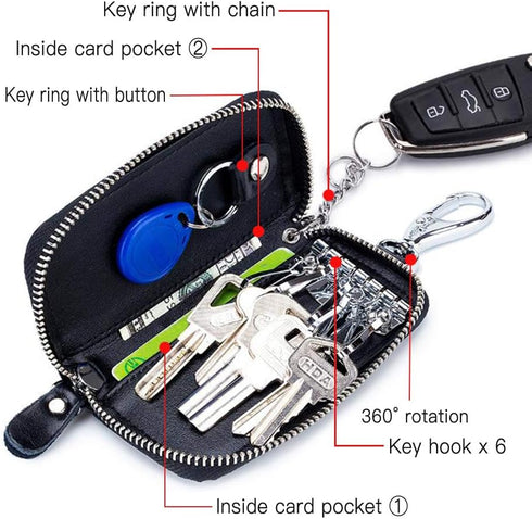 Car key Case Leather Pocket Key Organizer Case Smart Key Chain Remote Key Metal Hook Key Ring Zip Wallet Card Holder...