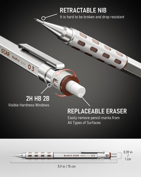 Nicpro Blocky Gear 0.3 mm Mechanical Pencils Set in Case, Metal Pencil with Lead Refills, Eraser for Professional & Adult Art Writing Drafting Dra...