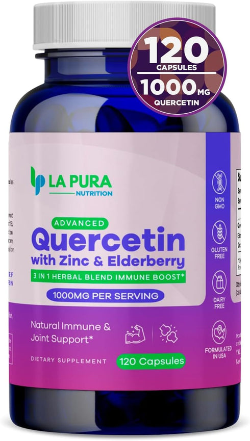 LaPura Advanced Quercetin 1000mg Elderberry 200mg Zinc 30mg Supplement 120 Capsules – Non-GMO 3-in-1 Herbal Blend for Immune Boost and Joint Suppo...