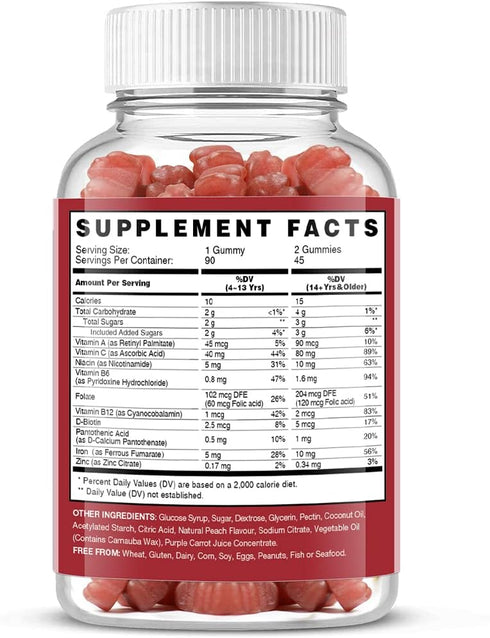 Vegan Iron Gummies Supplement - with Vitamin C, A, B-Complex, Folate, Zinc for Adults & Kids - Blood Builder & Energy Support for Iron Deficiency,...