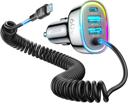 USB C Car Charger, 60W Super Fast Car Charger Adapter with 5ft 30W Type C Coiled Cable, Car Phone Charger Adapter for iPhone 15 Pro Max, Samsung G...