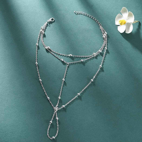 2PCS Boho Beaded Foot Chain Layered Barefoot Sandals Summer Beach Ankle Chain for Women (Silver)...
