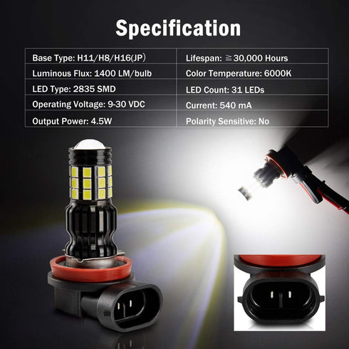 2800 Lumens Extremely Bright H11 H8 H16 LED Fog Light Bulbs for DRL or Fog Lights, DOT Approved, 6000K Xenon White (Pack of 2)...