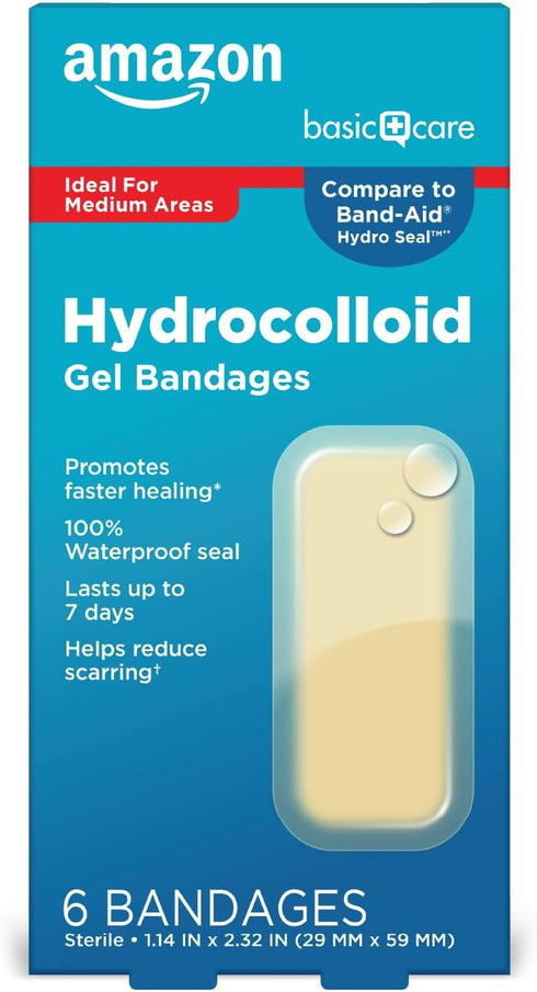 Amazon Basic Care Advanced Fast Healing Hydrocolloid Gel Bandages, Large, 6 ct...