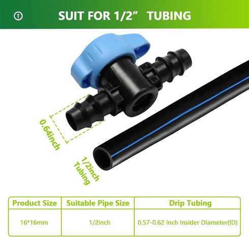 15 Pieces Drip Irrigation 1/2" Barbed Valve Fittings,Shut Off Valve Connectors for 1/2 Inch Drip Irrigation Tubing (.570-.620" ID) Drip Line Parts...