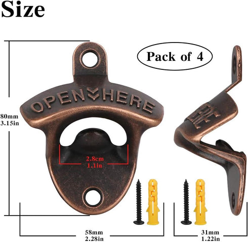 4 Pcs Bottle Opener Wall Mounted, Antique Metal Beer Bottle Top Openers Hardware With Mount Screws Set, Outdoor, Rustic, Cabinet, Bar (Vintage-Red...