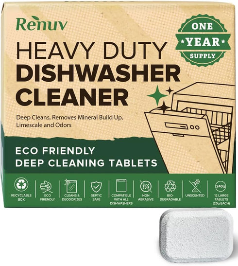 Heavy Duty Dishwasher Cleaner and Deodorizer Tablets, Descaler, Deep Cleaning, Natural Odor and Smell Remover, Calcium, Limescale, Hard Water Mark...