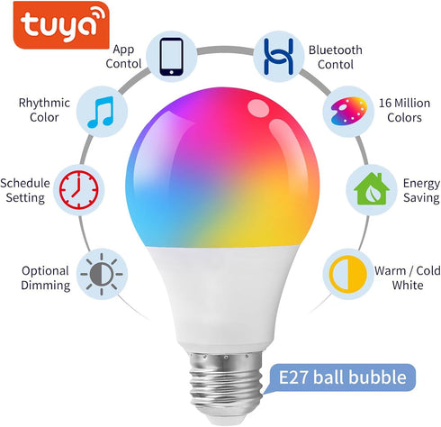 Smart Light Bulbs,Bluetooth Color Changing Light Bulbs That Work with tuya APP, RGB Warm Light A19 9W E27 800LM LED Light Bulb,Music Sync,Dimmable...
