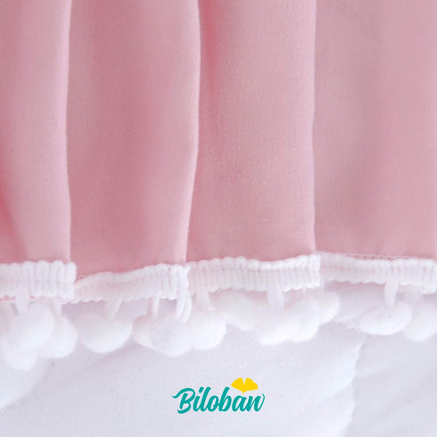 Pink Crib Skirt Pleated with White Lovely Pompoms, Bedding Dust Ruffle for Girls, 14" Drop, Fit All Standard Crib Bed, Fade Resistant Crib Bed Ski...