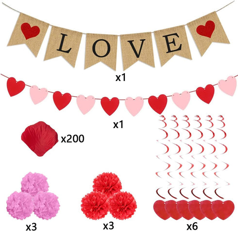 Jofan Valentines Decor Kit with 1 LOVE Banner, 1 Hearts Felt Garland, 6 Paper Fans, 6 Paper Flower Balls, 6 Hanging Swirls, 200 Rose Petals for Va...