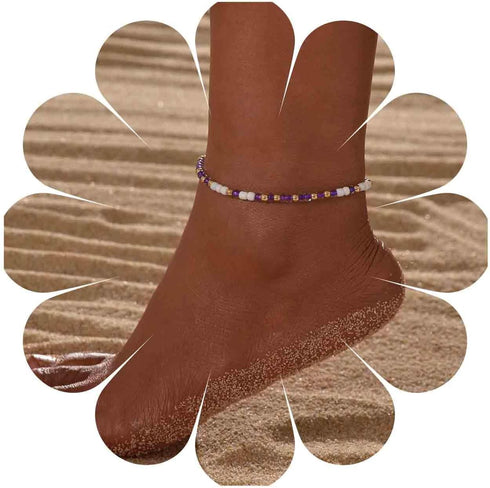 Boho Beaded Anklet Bracelets Purple Beads Woven Chain Anklet Beach Braided Woven Ankle Bracelet Seed Beads Foot Chain Jewelry for Women...