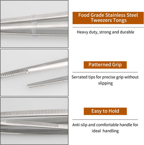 Fine Tweezer Tongs, 2pcs Cooking Tweezers, 12'' Stainless Steel Food Tweezers, Extra-Long Tweezer with Round and Straight Tips for Baking, Decorat...