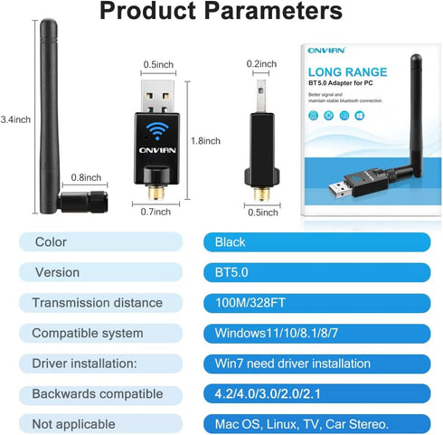 ONVIAN Bluetooth 5.0 Adapter for PC, 100M/328FT Long Range USB Bluetooth Dongle for PC Windows11/10/8/8.1/7, Wireless Bluetooth Transmitter Receiv...
