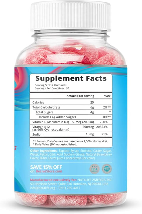 BeLive Vitamin D3 Gummies with B12 Vitamins - 60 Ct I Immune Support Gummies with Vegan Vitamin B12 & D3, Provides Enhanced Bone & Muscle Strength...