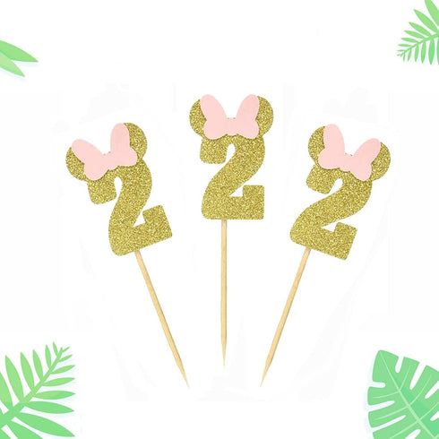 Morndew 24 PCS Gold Pink Glitter Number 2 Cupcake Toppers for Baby Girl Second Birthday Party Wedding Party Decorations...
