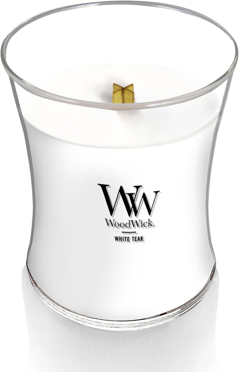 WoodWick Medium Hourglass Candle White Teak - Premium Soy Blend Wax Pluswick Innovation Wood Wick Made in USA...