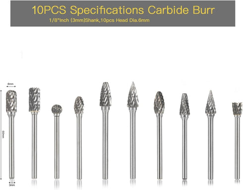 Carbide Burr Set 10PC 1/8" Shank Tungsten Double Cut Carbide Rotary Burr Set for Metal and Wood Carving, Grinding, Polishing, Engraving, Drilling....