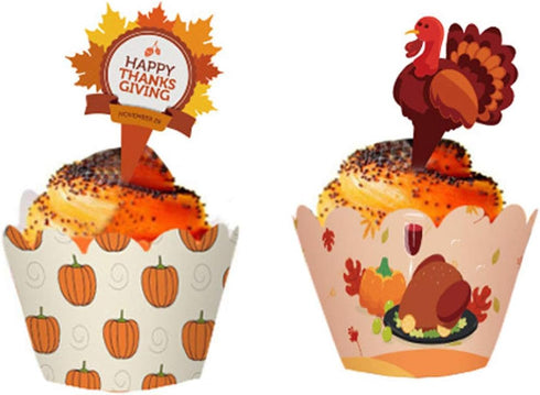 48 Pieces Thanksgiving Cupcake Toppers Cupcake Wrappers Kit for Thanksgiving Day Autumn Cake Decoration...