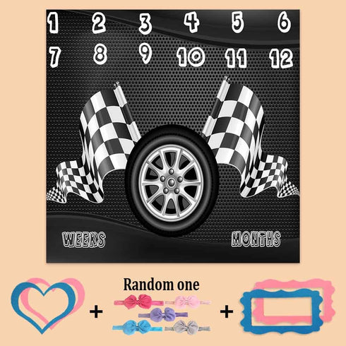 Racing Baby Monthly Milestone Blanket, Boy Racer Car Tires Black White Checkered Flag, Newborns 1 to 12 Months Unisex Include 4 Frames and 1 Headb...